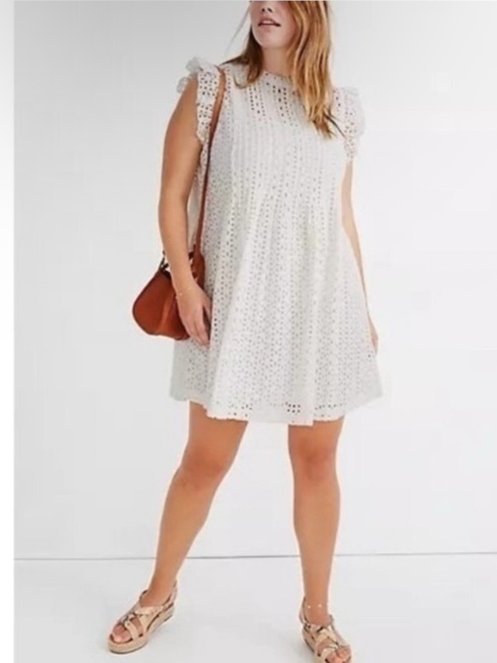 Madewell Womens Eyelet Ruffle-Sleeve Pintuck Mini Dress Size M‎ White (No Slip)